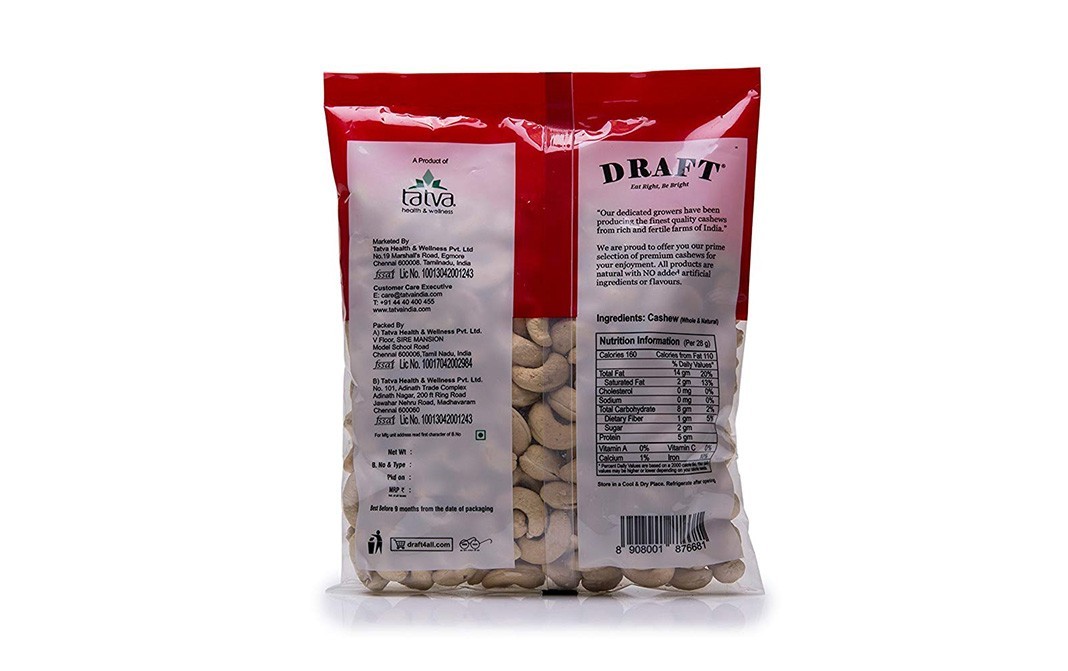 Draft Whole Cashews    Pack  500 grams